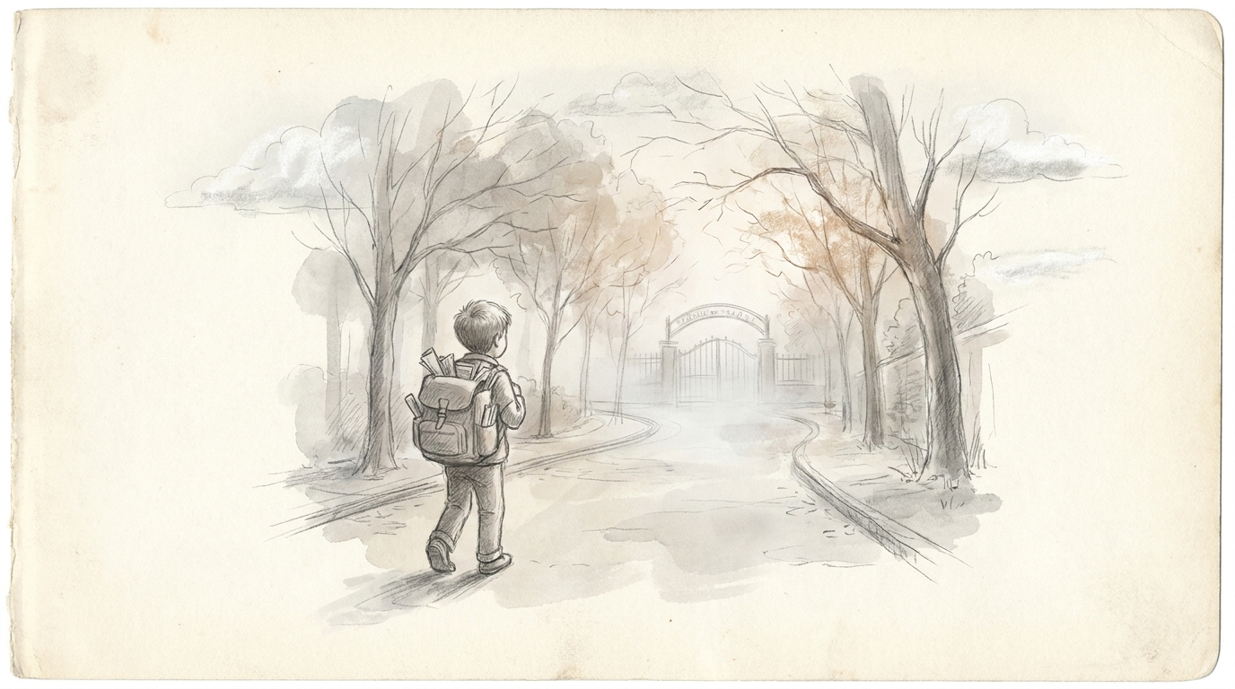 A small boy with a backpack walking toward a school gate at dawn.