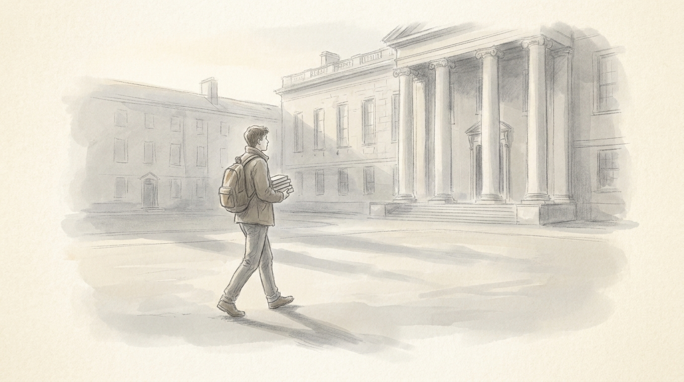 A young man walking past a stone college building in early light.
