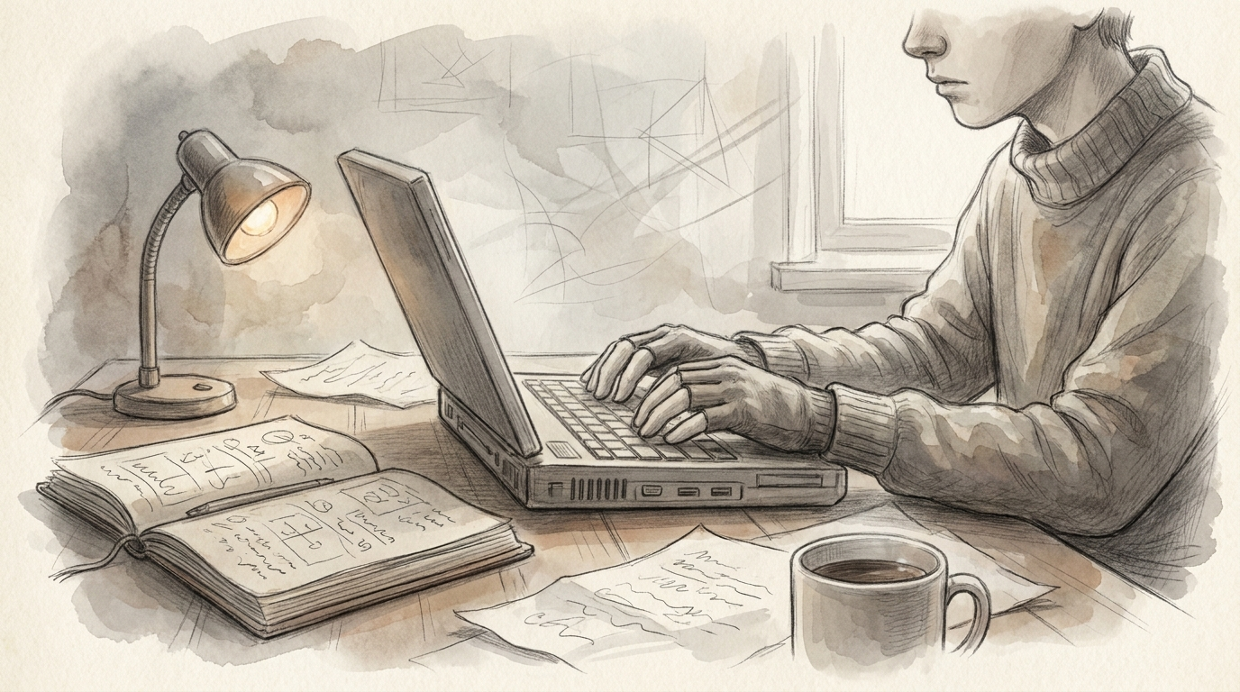 Hands on a laptop with an open notebook beside, soft lamp light.