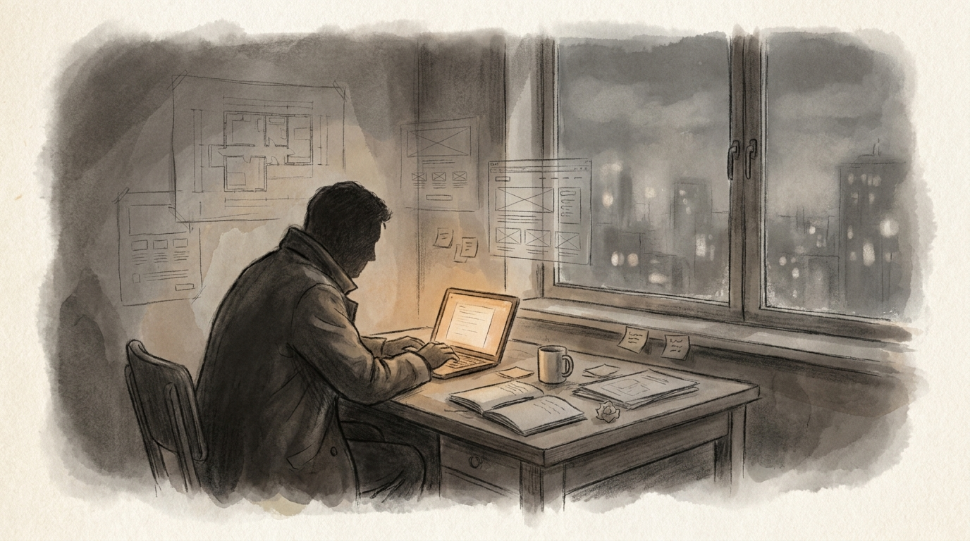 A lone engineer at a desk in front of a glowing laptop late at night.