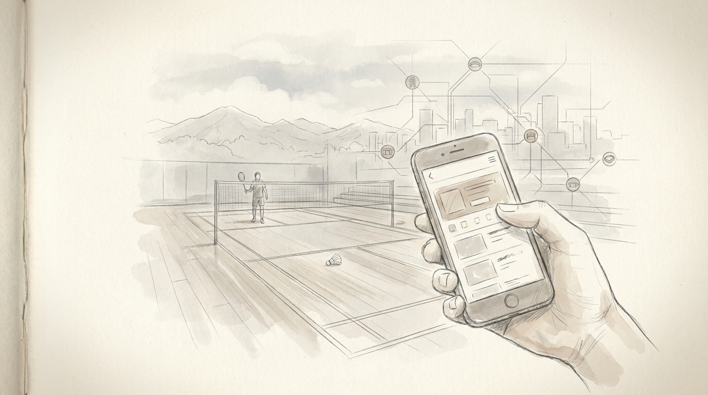 A phone showing a booking interface in front of a sketched badminton court.